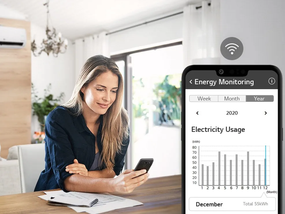 De LG ThinQ-app met het energieverbruik van de airco
