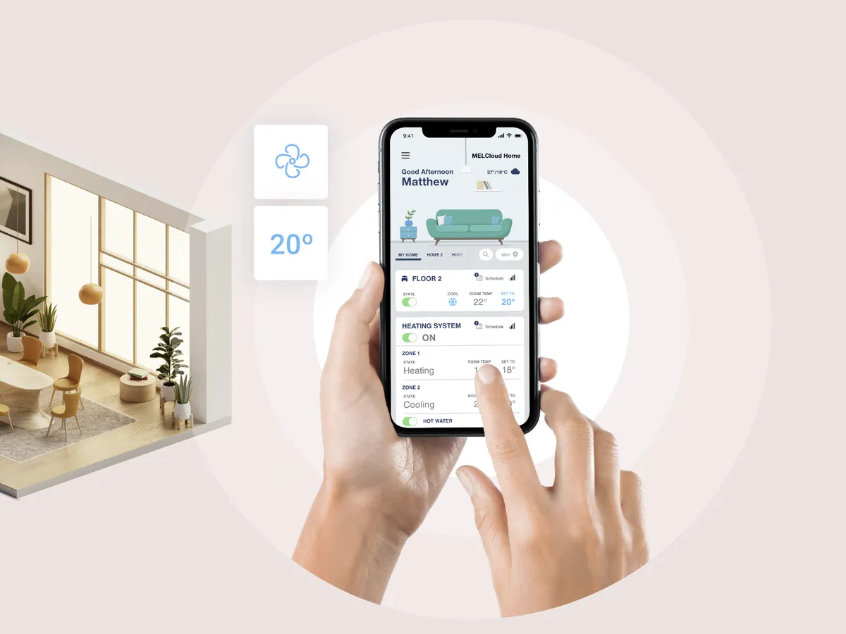 De MELCloud Home-app en een Mitsubishi Electric-airco in een woonkamer